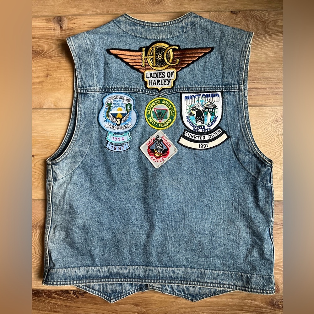 VTG Harley-Davidson Ladies of Harley 1990s Denim Vest Blue Jean Patchwork Large - Picture 3 of 15